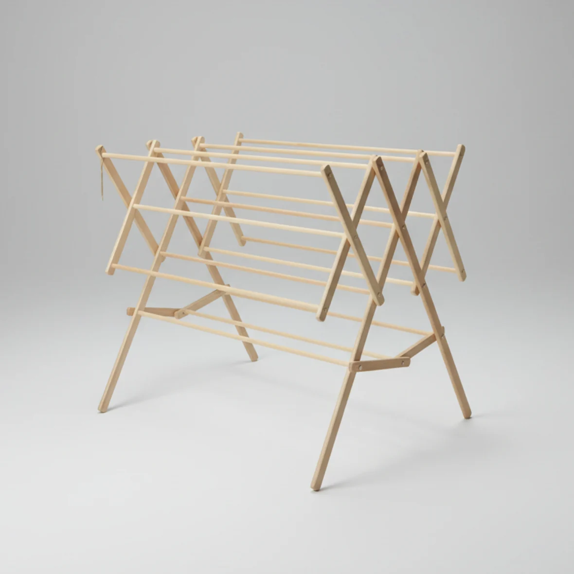 Horizontal fold wooden drying rack in use